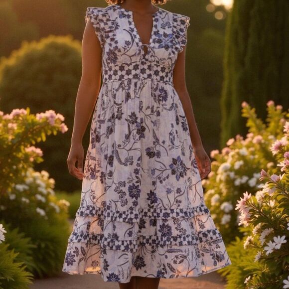 Mint Velvet Cottage Coastal Cowgirl Prairie Boho Cottage Ruffle Tier Midi Dress - Picture 1 of 10